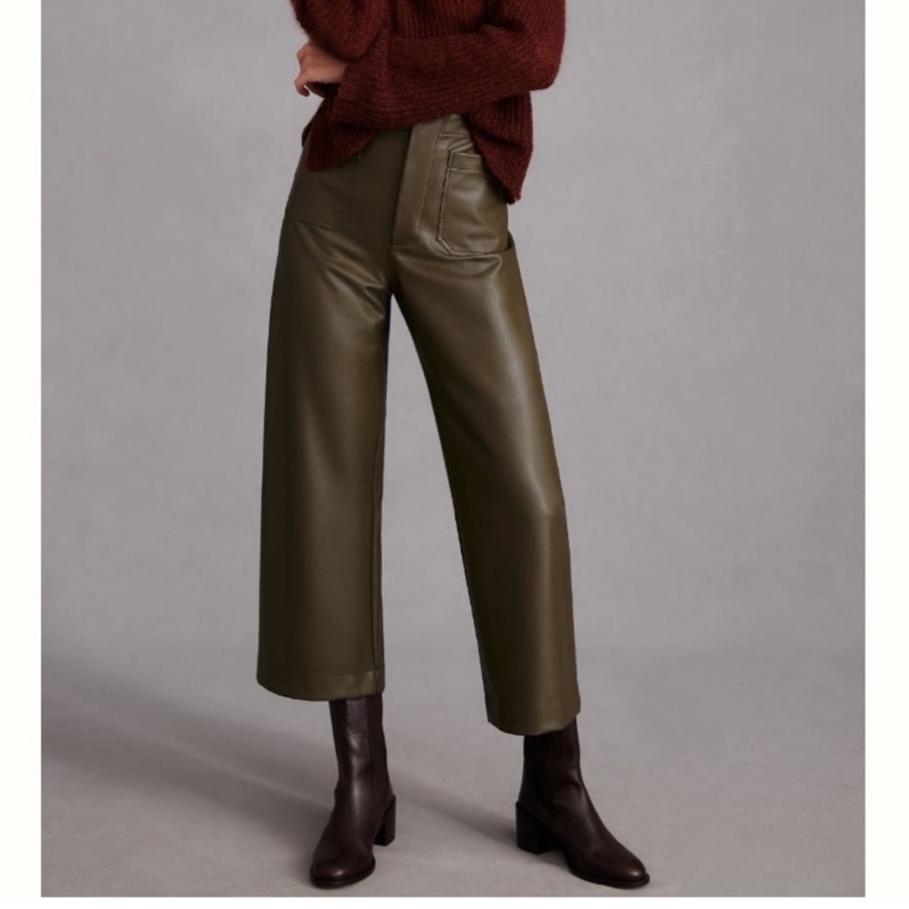 Anthropologie Maeve Colette Cropped Wide Leg Faux Leather Pants olive color - Picture 7 of 11